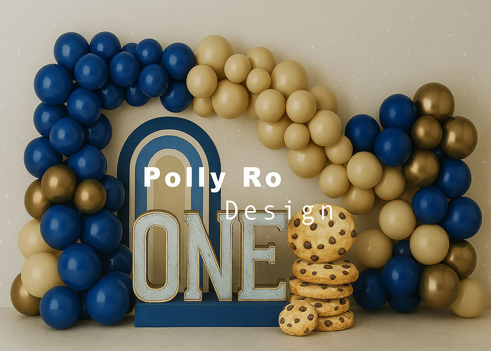 Avezano Blue and Gold First Birthday Photography Backdrop Designed By Polly Ro Design