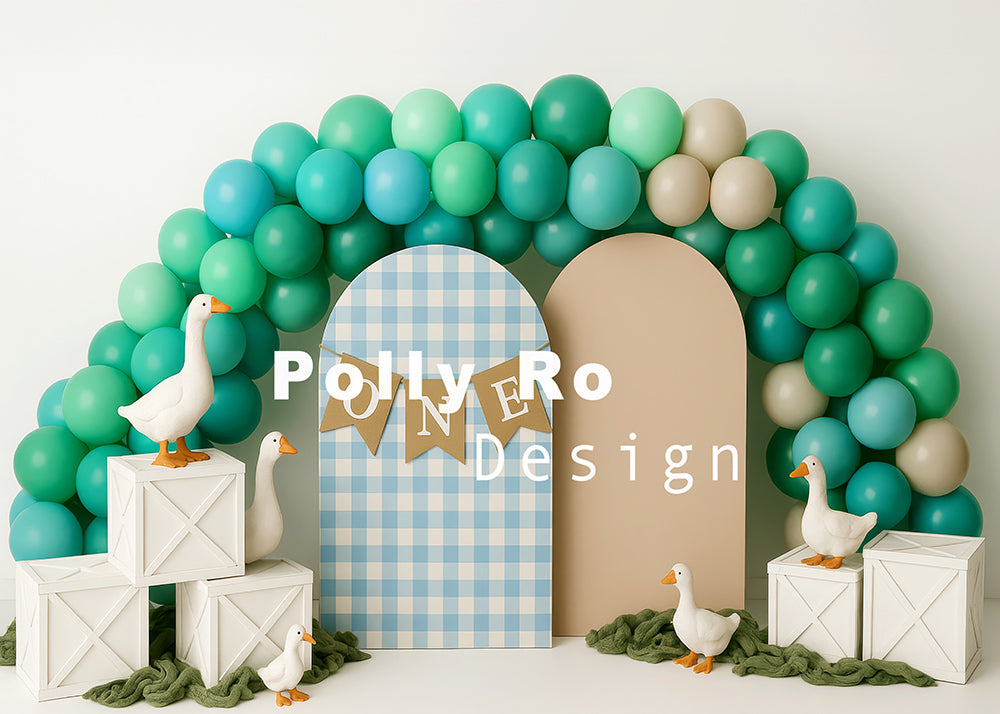 Avezano Blue and White Plaid Arch and White Goose Birthday Party Backdrop Designed By Polly Ro Design