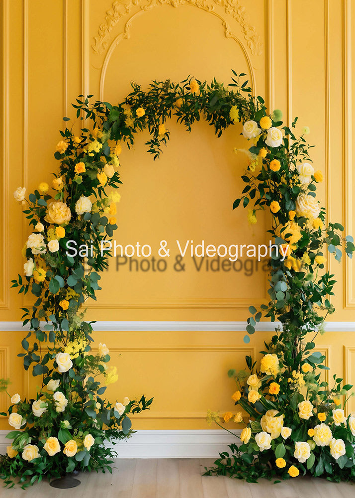 Avezano Yellow Walls and Flower Arches Wedding Backdrop Designed By Sai photo & videography