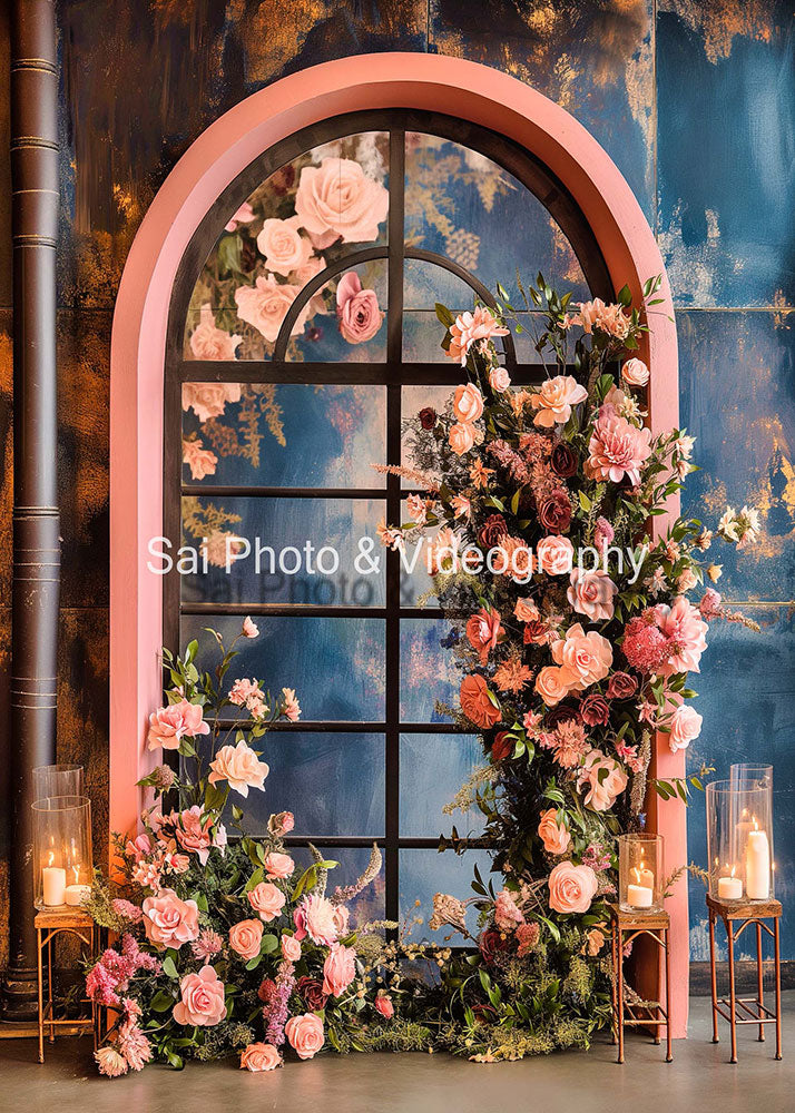 Avezano Arched Window with Pink Frame and Roses Wedding Backdrop Designed By Sai photo & videography