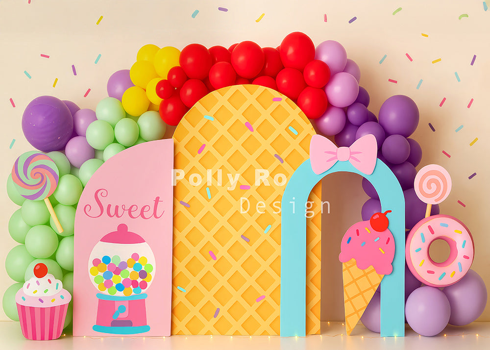 Avezano Colorful Sweet Treats and Balloon Arch Photography Backdrop Designed By Polly Ro Design