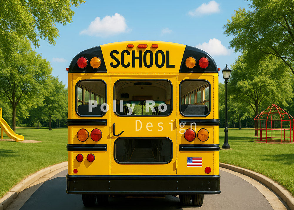 Avezano Yellow School Bus in Park Photography Backdrop Designed By Polly Ro Design