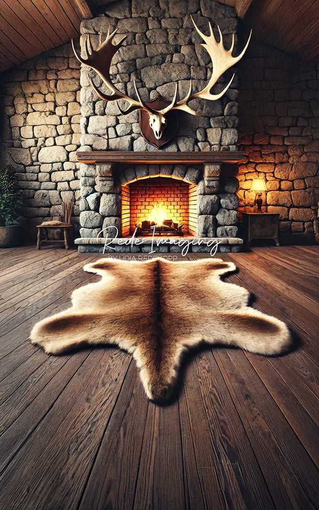 Avezano Stone Fireplace and Antlers Photography Backdrop Designed By Lidia Redekopp