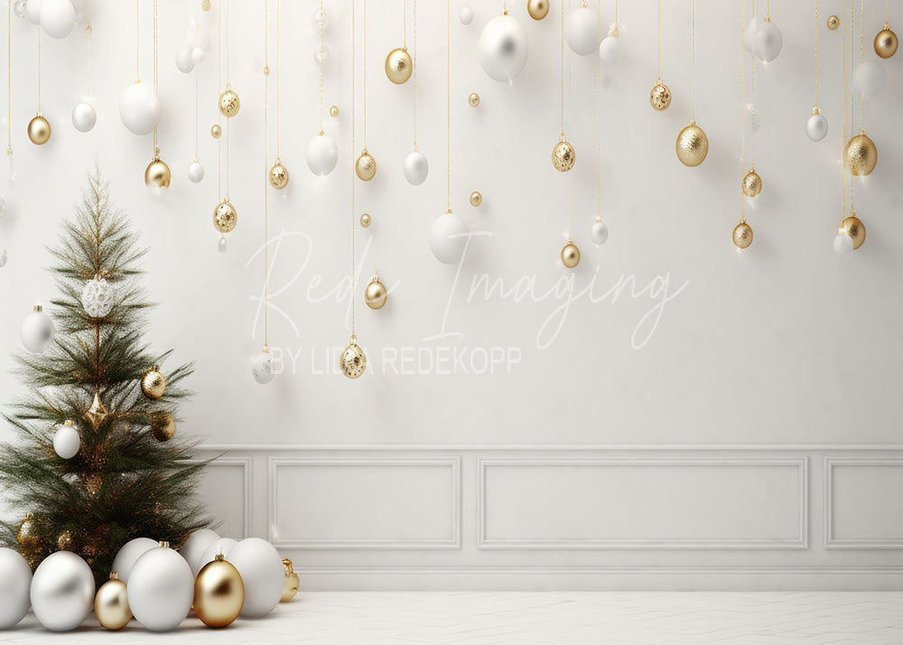 Avezano White and Gold Christmas Ball Photography Backdrop Designed By Lidia Redekopp