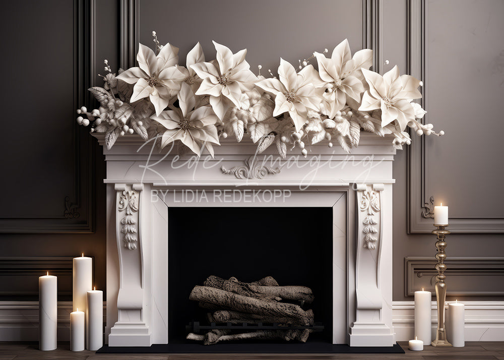 Avezano White Poinsettia Fireplace Photography Backdrop Designed By Lidia Redekopp