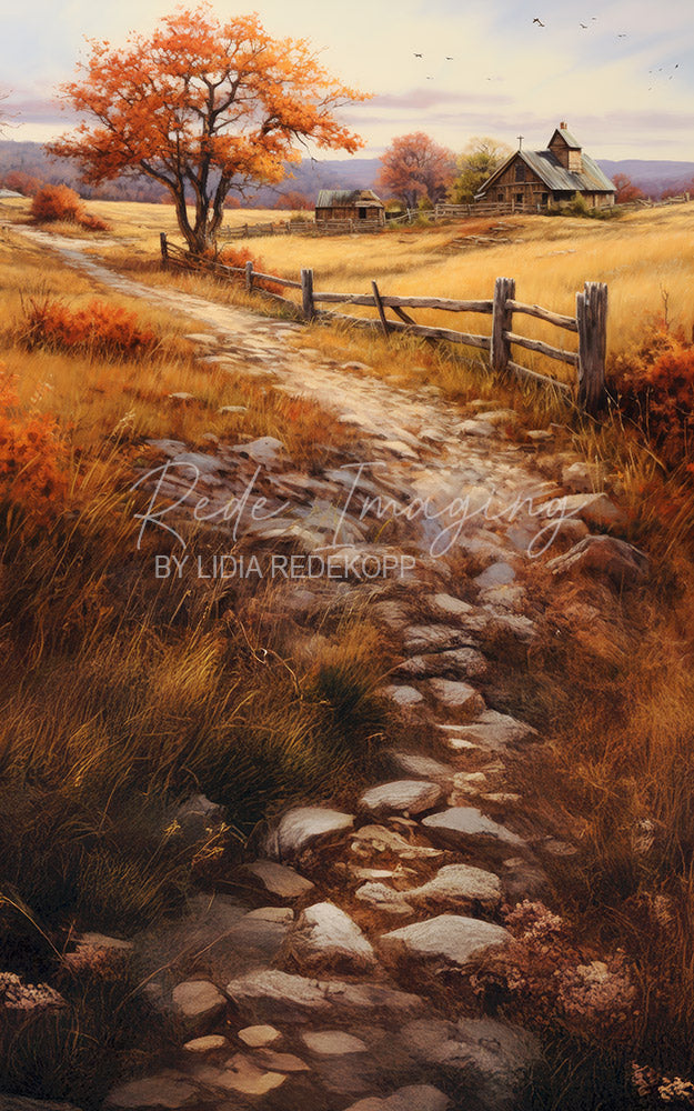 Avezano Autumn Field House Path Photography Backdrop Designed By Lidia Redekopp
