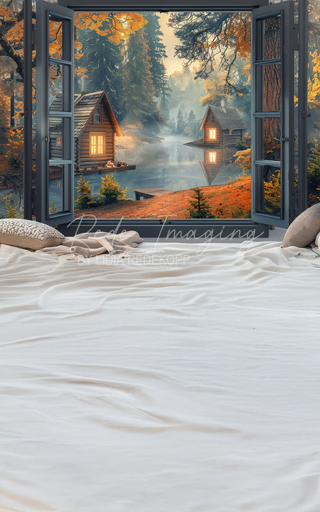 Avezano Lakeside Autumn Cabin Window Photography Backdrop Designed By Lidia Redekopp