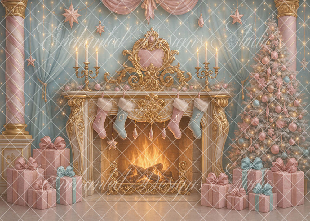 Avezano Pink Blue Fireplace Christmas Backdrop Designed By Enchanted D
