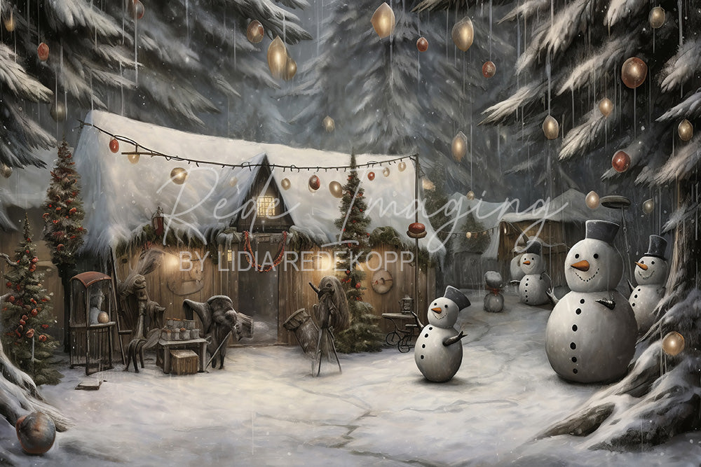 Avezano Snowy Christmas Cabin and Snowman Photography Backdrop Designe