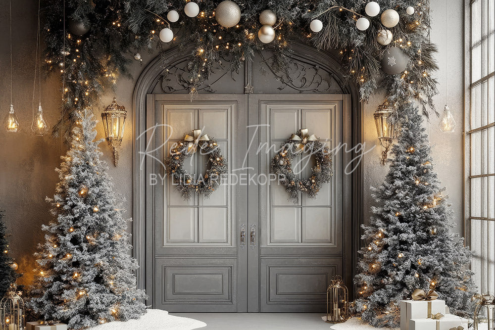 Avezano Grey Door and Snowy Tree Christmas Photography Backdrop Design