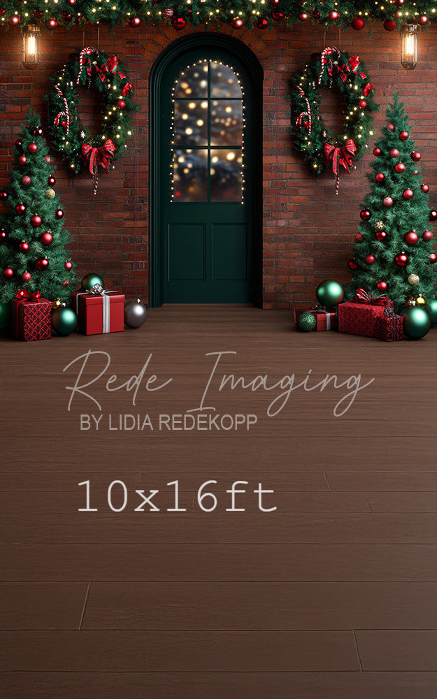 Avezano Brick Wall Green Door Christmas Photography Backdrop Designed By Lidia Redekop