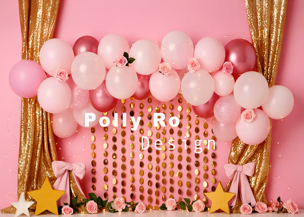 Avezano Pink Balloon and Gold Sequin Cakesmash Backdrop Designed By Polly Ro Design