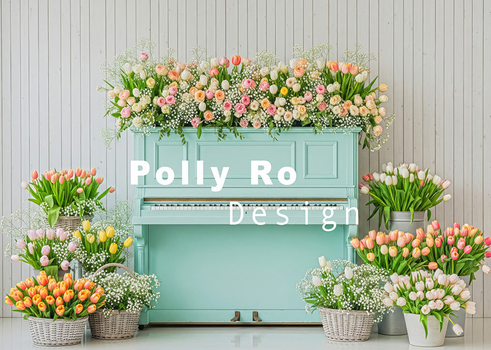 Avezano Floral Turquoise Piano Photography Backdrop Designed By Polly Ro Design