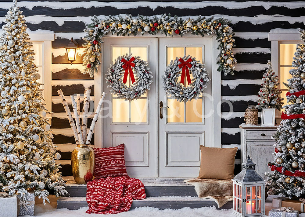 VIP Avezano Snowy Cabin Christmas Wreath Backdrop Designed By Danyelle