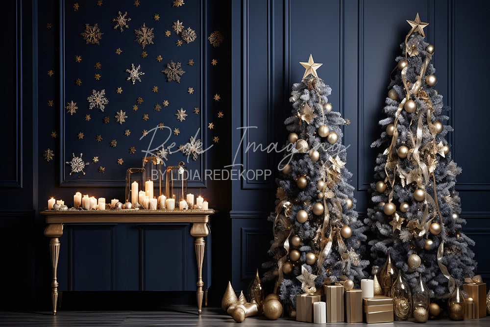 Avezano Navy Gold Christmas Tree Candle Scene Photography Backdrop Designed By Lidia Redekopp
