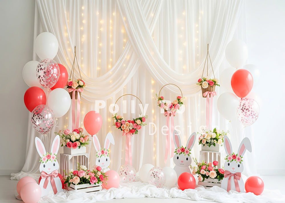 Avezano Pink Bunny Floral Balloon White Curtain Photography Backdrop Designed By Polly Ro Design