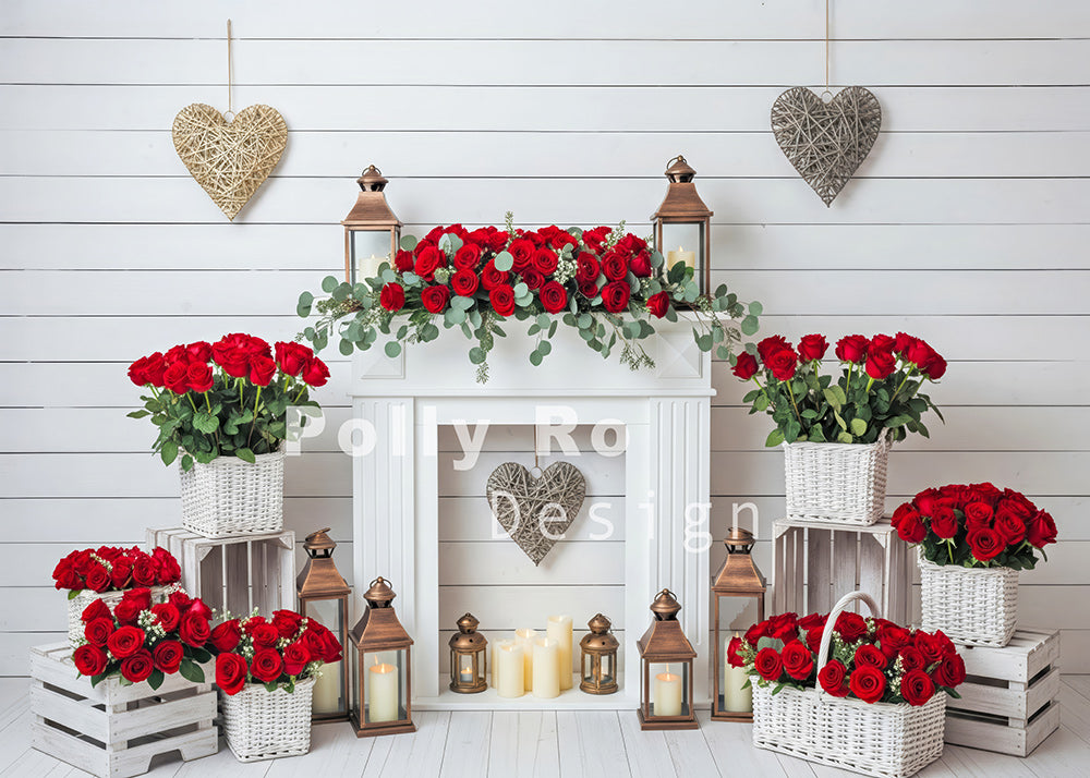 Avezano Red Rose White Fireplace Wicker Heart Photography Backdrop Designed By Polly Ro Design
