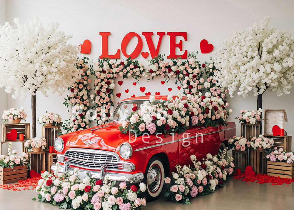 Avezano Red Vintage Car LOVE Floral Photography Backdrop Designed By Polly Ro Design