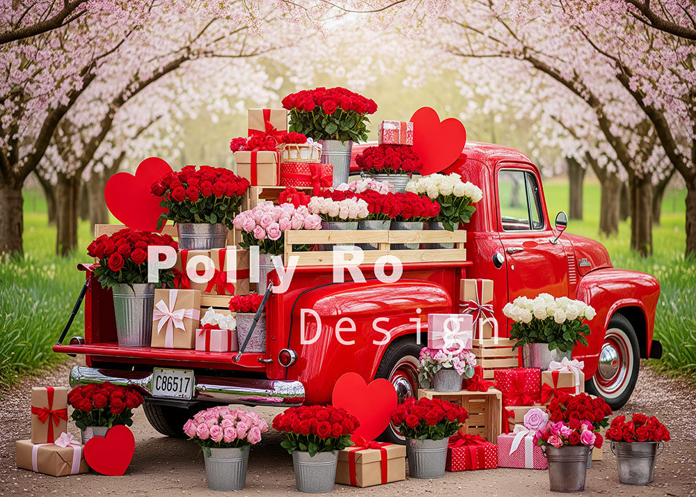 Avezano Red Truck Cherry Blossom Rose Heart Gift Photography Backdrop Designed By Polly Ro Design