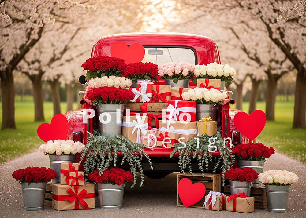 Avezano Red Truck Backside Floral Gift Heart Photography Backdrop Designed By Polly Ro Design