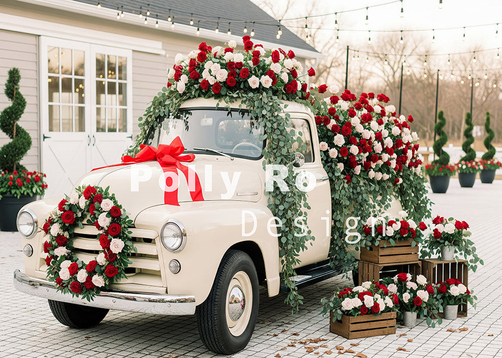 Avezano Beige Truck Floral Wreath Red Bow Photography Backdrop Designed By Polly Ro Design
