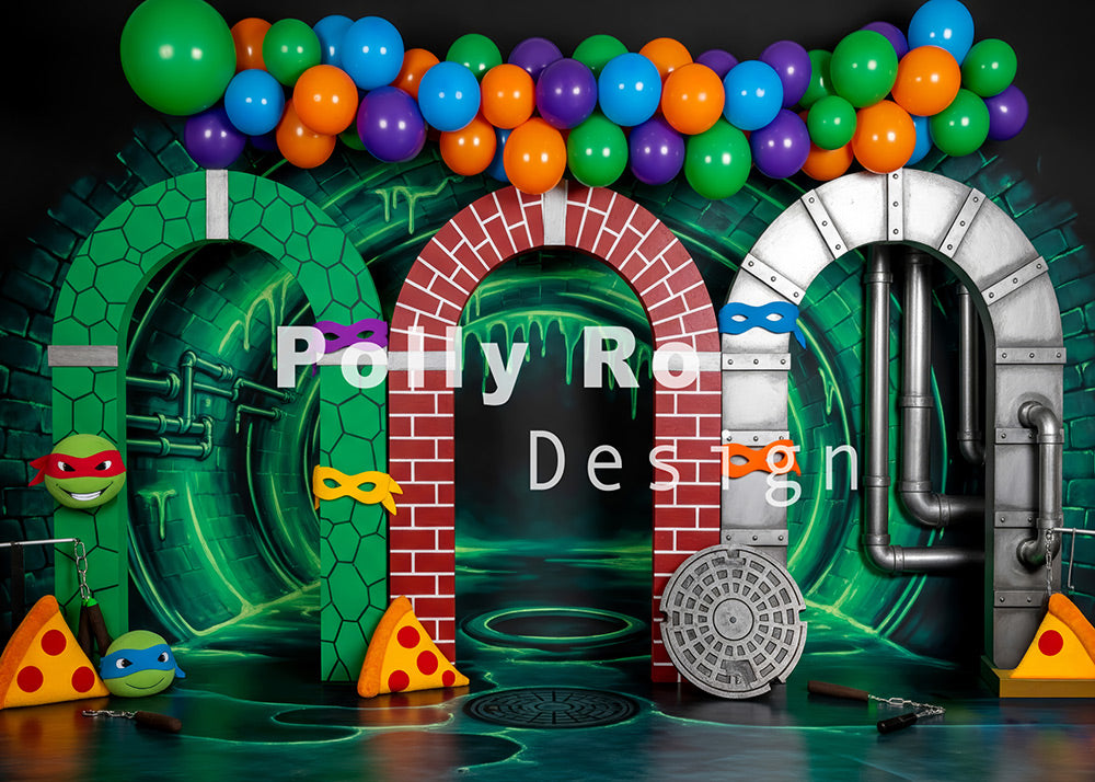Avezano Colorful Balloon Arch Sewer Tunnel Mask Pizza Photography Backdrop Designed By Polly Ro Design