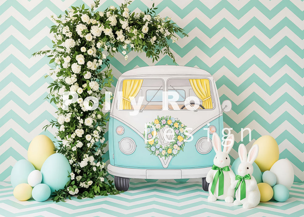 Avezano Mint Chevron Backdrop Vintage Van Easter Bunny Floral Theme Photography Backdrop Designed By Polly Ro Design