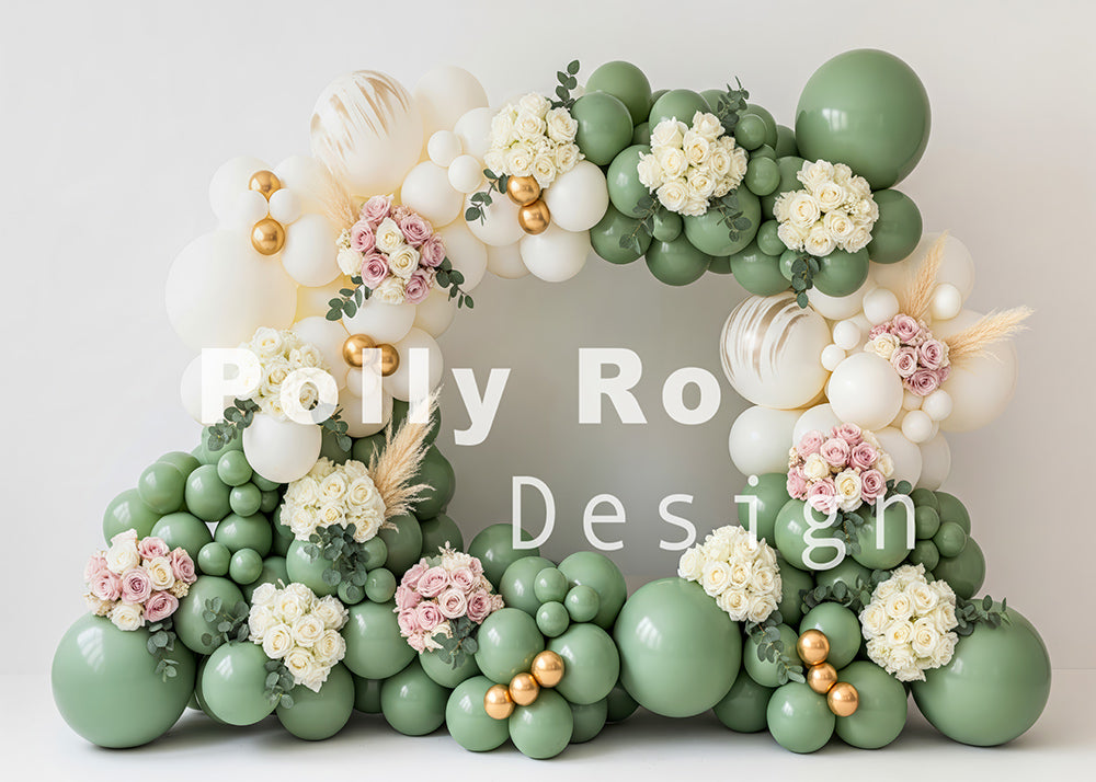 Avezano Sage Green and Blush Floral Balloon Arch with Gold Accents Photography Backdrop Designed By Polly Ro Design