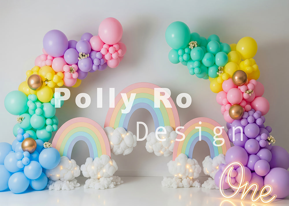 Avezano Rainbow Cloud Neon "One" Colorful Balloon Arch Photography Backdrop Designed By Polly Ro Design