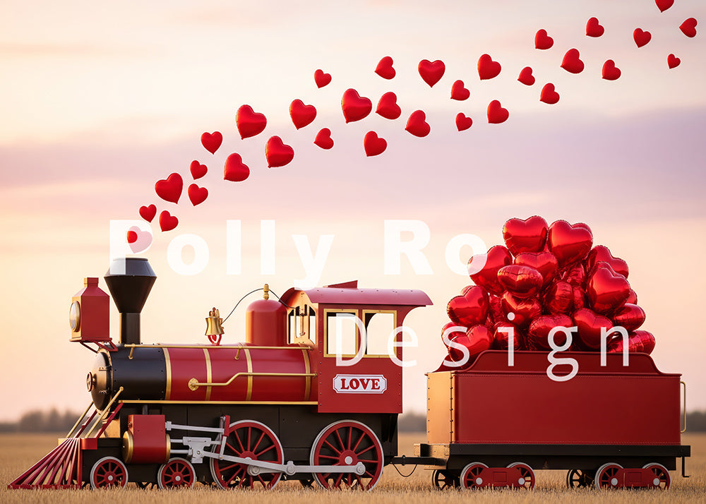 Avezano Red Love Train and Heart Balloons Photography Backdrop Designed By Polly Ro Design