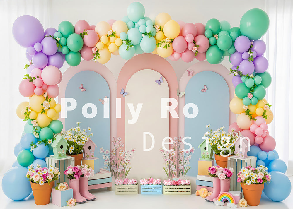 Avezano Pastel Balloon Arch and Floral Garden Photography Backdrop Designed By Polly Ro Design