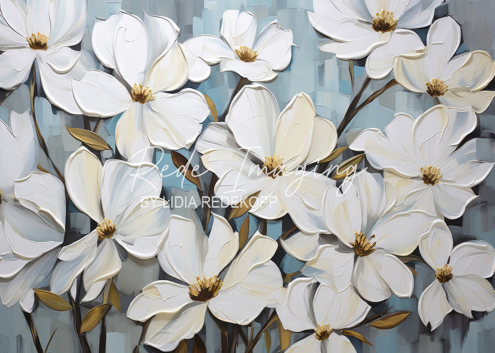 Avezano White Floral Blue-Tone Oil Painting Photography Backdrop Designed By Lidia Redekopp