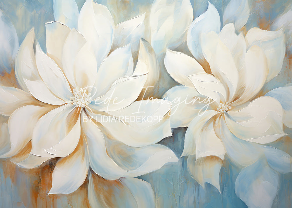 Avezano Pale Yellow & White Flower Blue-Tone Oil Painting Photography Backdrop Designed By Lidia Redekopp