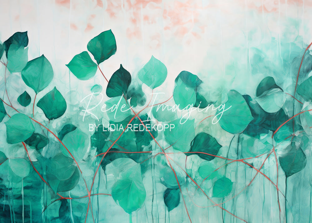 Avezano Teal Eucalyptus Leaf Oil Painting Photography Backdrop Designed By Lidia Redekopp