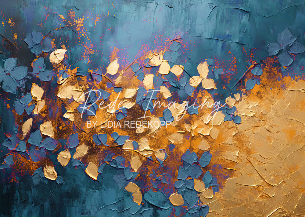Avezano Teal and Gold Textured Floral Oil Painting Photography Backdrop Designed By Lidia Redekopp