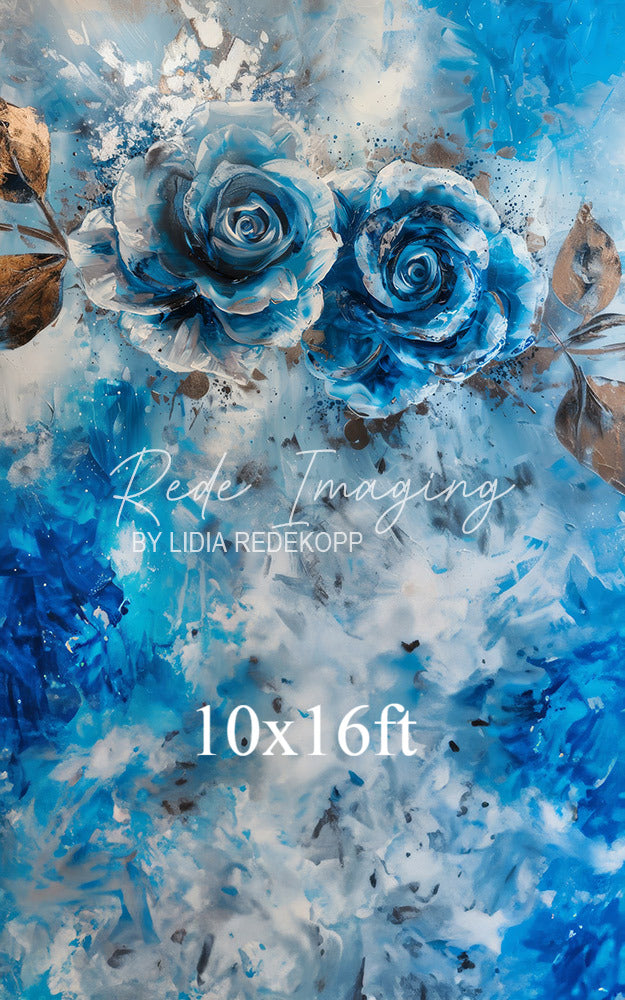 Avezano Blue Rose and Gold Leaf Abstract Painting Photography Backdrop Designed By Lidia Redekopp