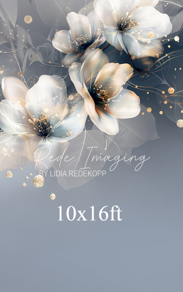Avezano Pale Blue and Gold Floral Glitter Photography Backdrop Designed By Lidia Redekopp