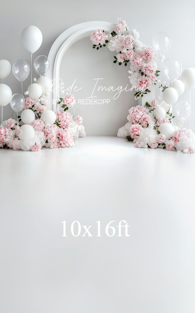 Avezano Pink Peony and White Balloon Arch Photography Backdrop Designed By Lidia Redekopp