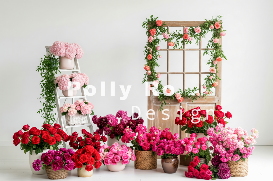 Toile de fond pour photographie de baiser de roses et de ballons de la Saint-Valentin d'Avezano conçue par Polly Ro Design