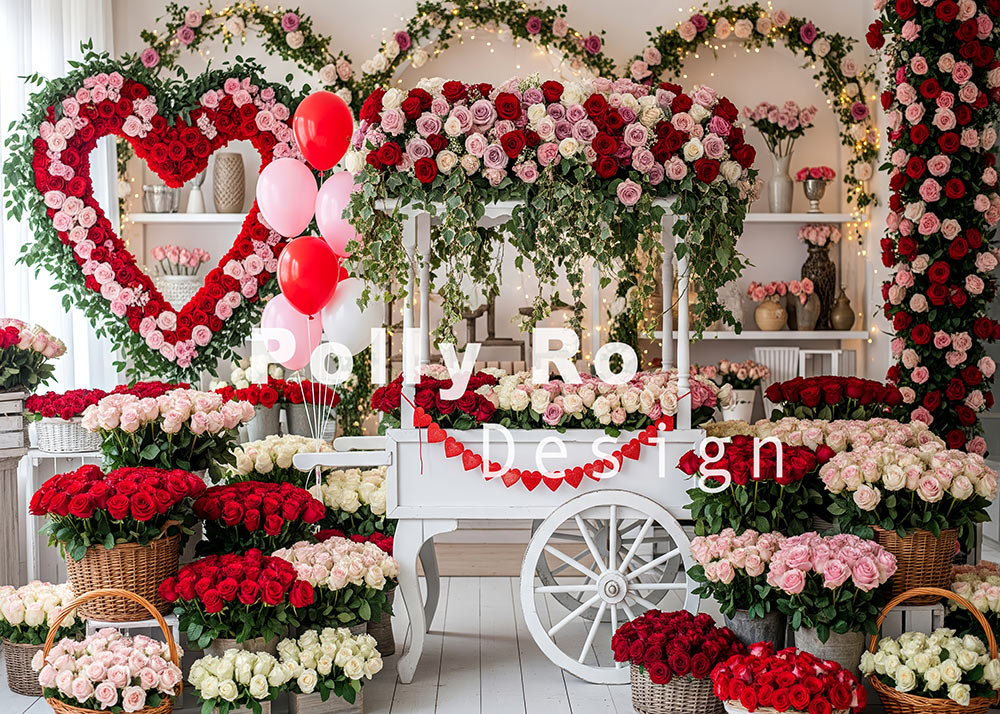 Toile de fond pour photographie de baiser de roses et de ballons de la Saint-Valentin d'Avezano conçue par Polly Ro Design