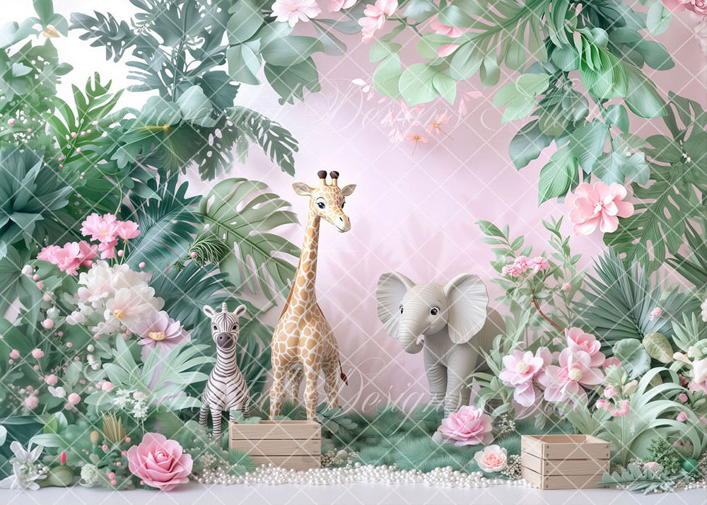 Avezano Pink and Green Jungle Animal Backdrop Designed By Enchanted Design Studio