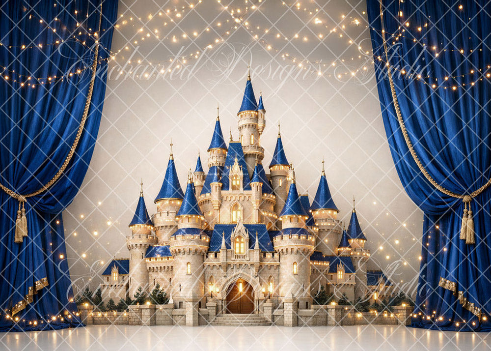 Avezano Blue and Gold Castle Curtain Backdrop Designed By Enchanted Design Studio