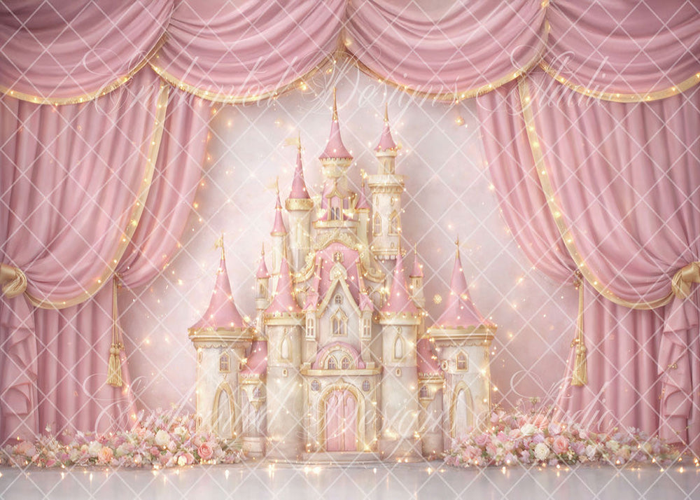 Avezano Pink and Gold Castle Curtain Floral Backdrop Designed By Enchanted Design Studio