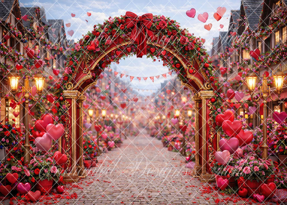 Avezano Red Heart Floral Arch Street Backdrop Designed By Enchanted Design Studio