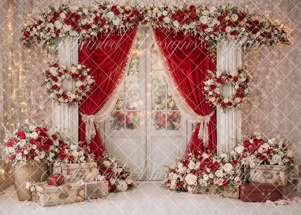 Avezano Red White Floral Curtain Door Photography Backdrop Designed By Enchanted Design Studio
