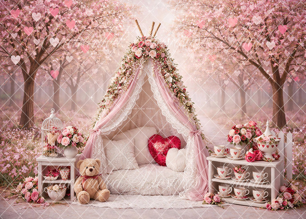 Avezano Pink Cherry Blossom Heart Forest Lace Teepee Photography Backdrop Designed By Enchanted Design Studio