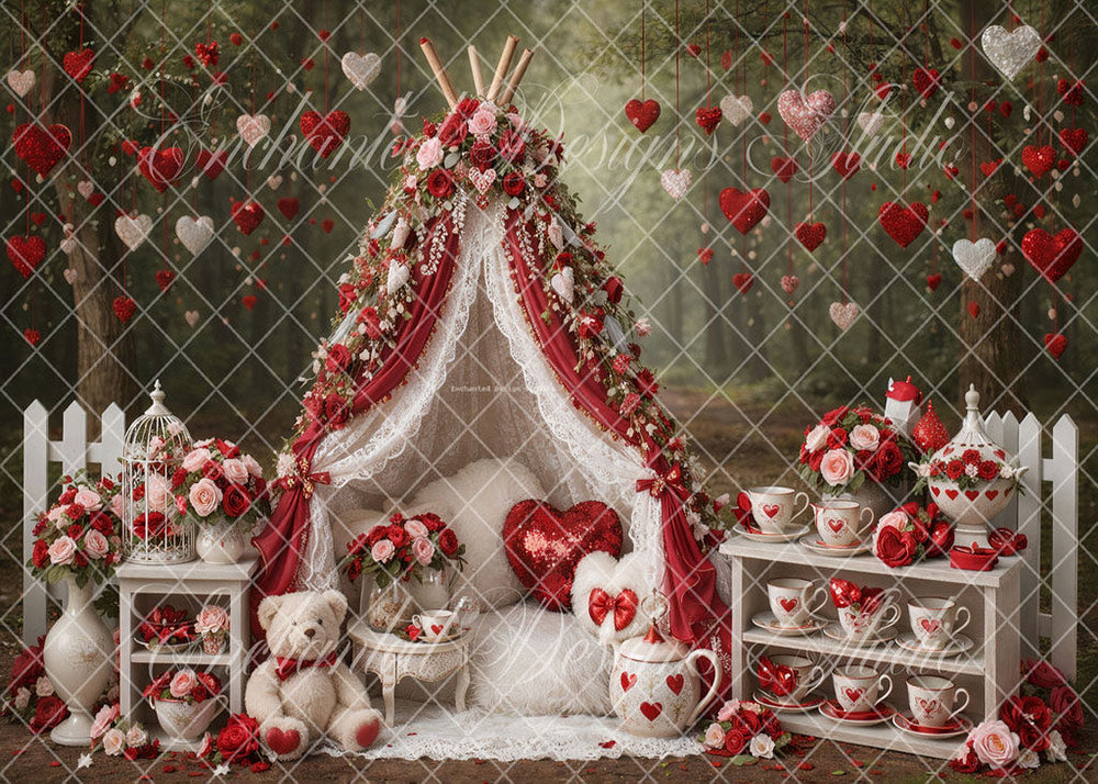 Avezano Red White Floral Hanging Hearts Lace Teepee Photography Backdrop Designed By Enchanted Design Studio
