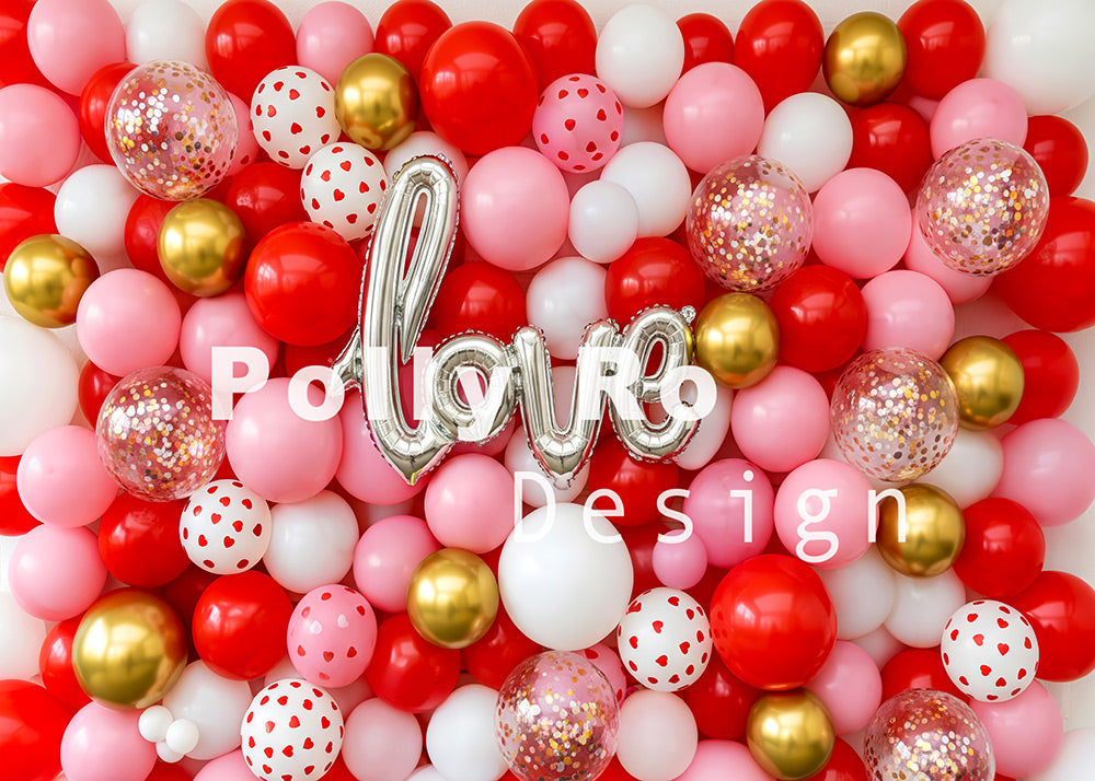 Toile de fond pour photographie de baiser de roses et de ballons de la Saint-Valentin d'Avezano conçue par Polly Ro Design