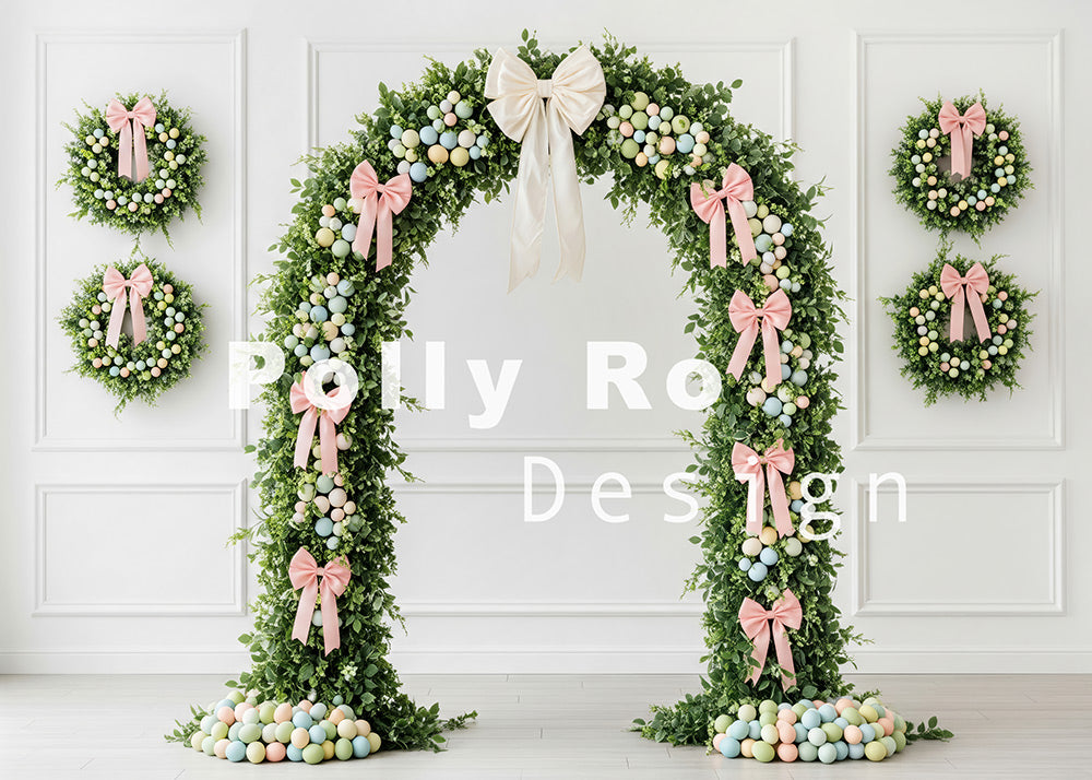 Avezano Greenery Floral Arch with Pink White Bows Easter Eggs Photography Backdrop Designed By Polly Ro Design