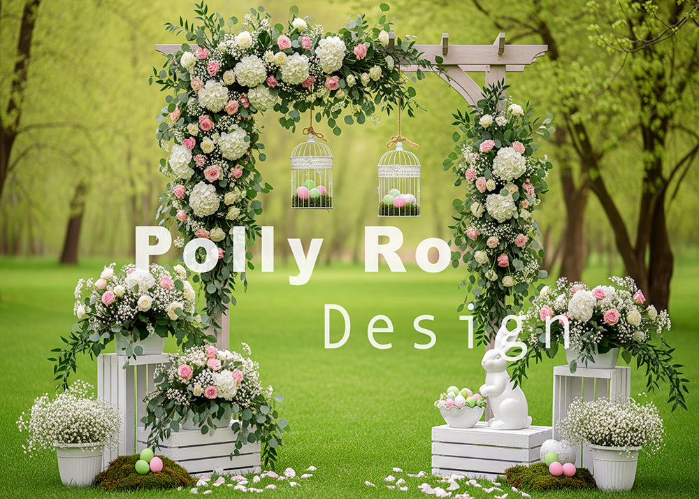 Avezano Pink White Green Floral Arch with Birdcage Bunny Photography Backdrop Designed By Polly Ro Design